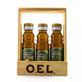 Geschenkset Opa: Ingwer- Knoblauch-Kräuteröl, Thymian-Kräuteröl, Oregano-Kräuteröl 